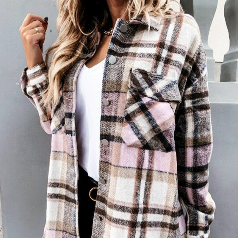 Plaid Blouse Button Long Sleeve Female Shirts Jacket