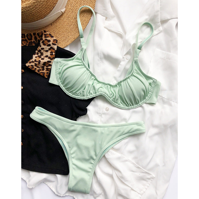 Push Up Bikinis Ribbed Swimsuits Women Swimwear Solid Ruched Bathing Suits High Leg Beachwear 2021 New Sexy Biquini