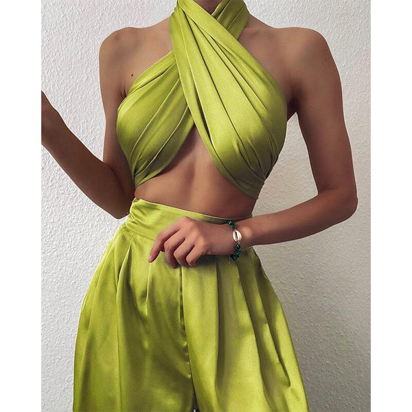 2 pcs Women Set Solid O-neck Strapless Short Tops Loose Long Pants Summer Sexy Club Outfits