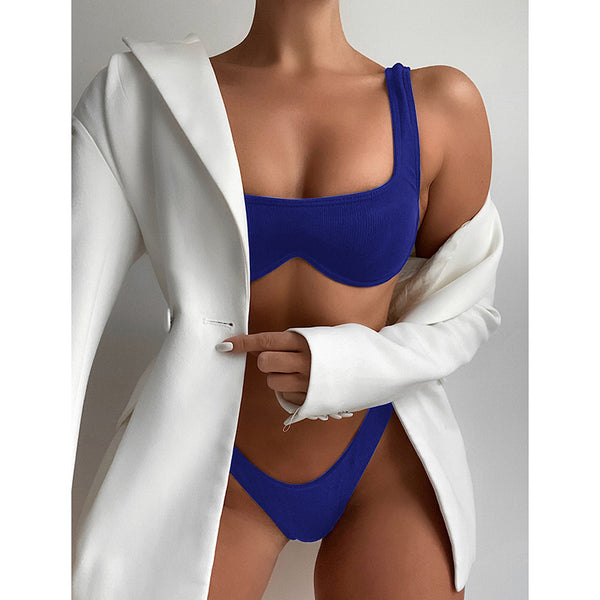 Sexy Bikinis Ribbed Swimsuits Women Swimwear Push Up Bathing Suits High Leg Beachwear Solid Black Biquini 2021 New