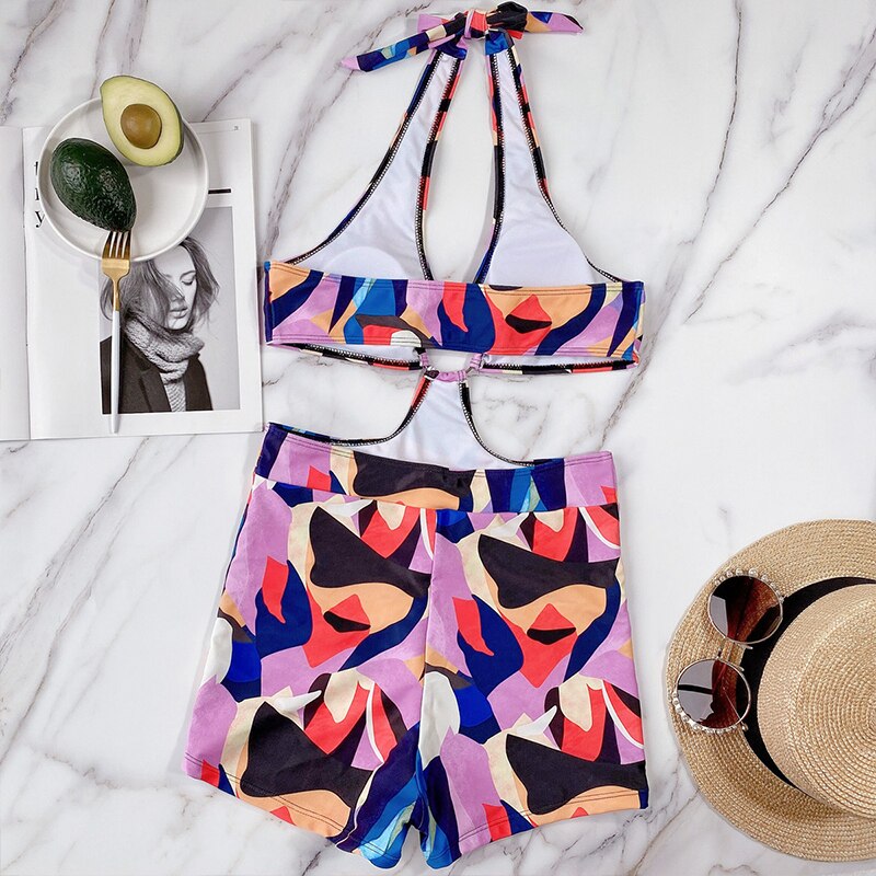 Summer Push Up Ring Bikini Swimsuit Women New Hollow Out Print Shorts One Piece Swimsuit Lady Halter Backless Beach Bathing Suit