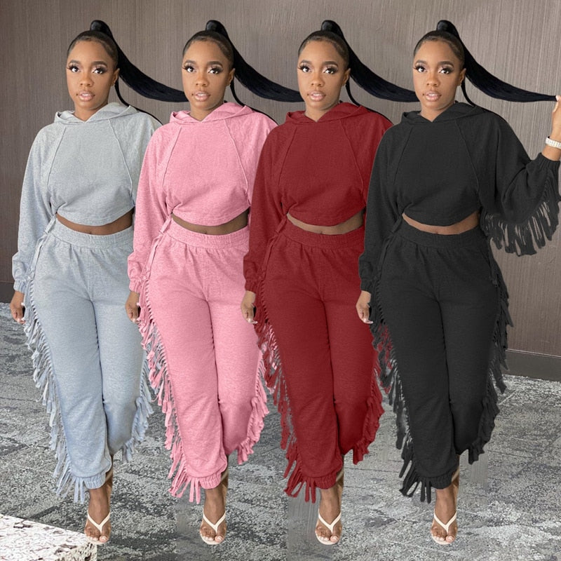 2 Piece Set Winter Casual Tassel Crop Top and Sweat Pants Sets