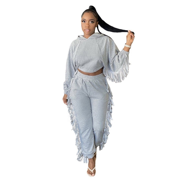 2 Piece Set Winter Casual Tassel Crop Top and Sweat Pants Sets