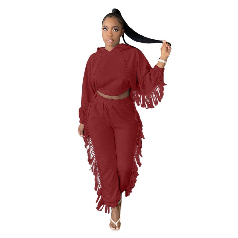 2 Piece Set Winter Casual Tassel Crop Top and Sweat Pants Sets