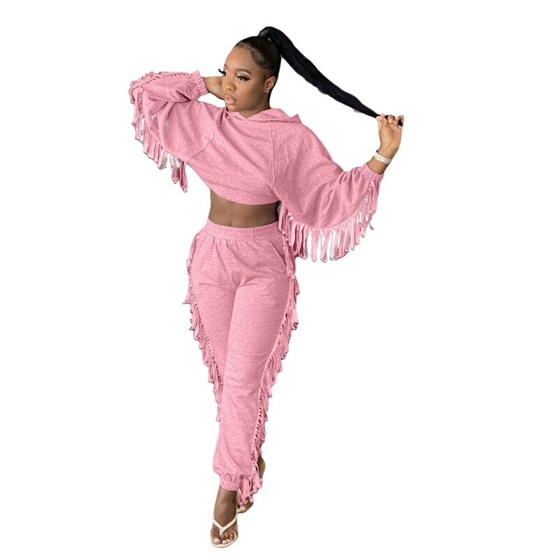2 Piece Set Winter Casual Tassel Crop Top and Sweat Pants Sets