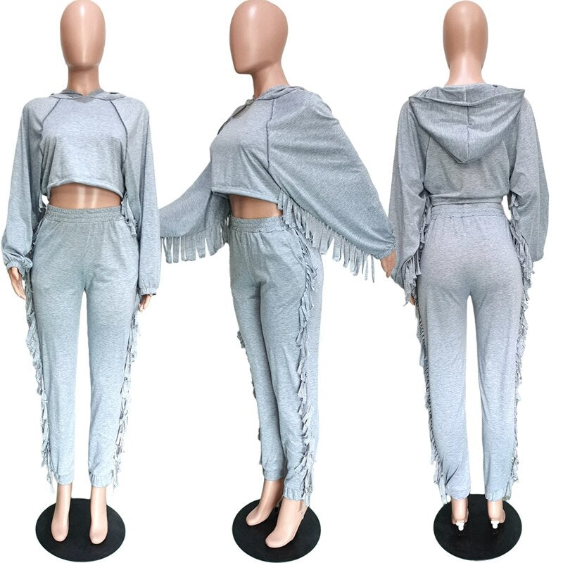 2 Piece Set Winter Casual Tassel Crop Top and Sweat Pants Sets
