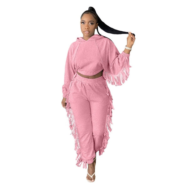 2 Piece Set Winter Casual Tassel Crop Top and Sweat Pants Sets