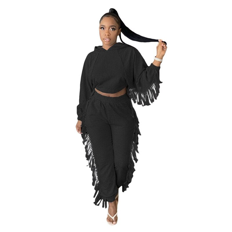 2 Piece Set Winter Casual Tassel Crop Top and Sweat Pants Sets