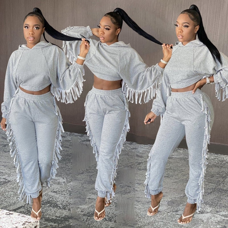 2 Piece Set Winter Casual Tassel Crop Top and Sweat Pants Sets