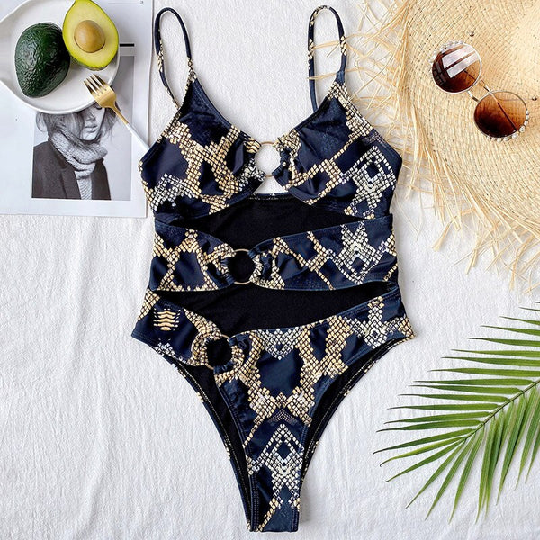 Cut Out One Piece Swimsuits High Cut Swimwear Women's Snake Bodysuits Push Up Bathers 2021 New Ring Bathing Suits