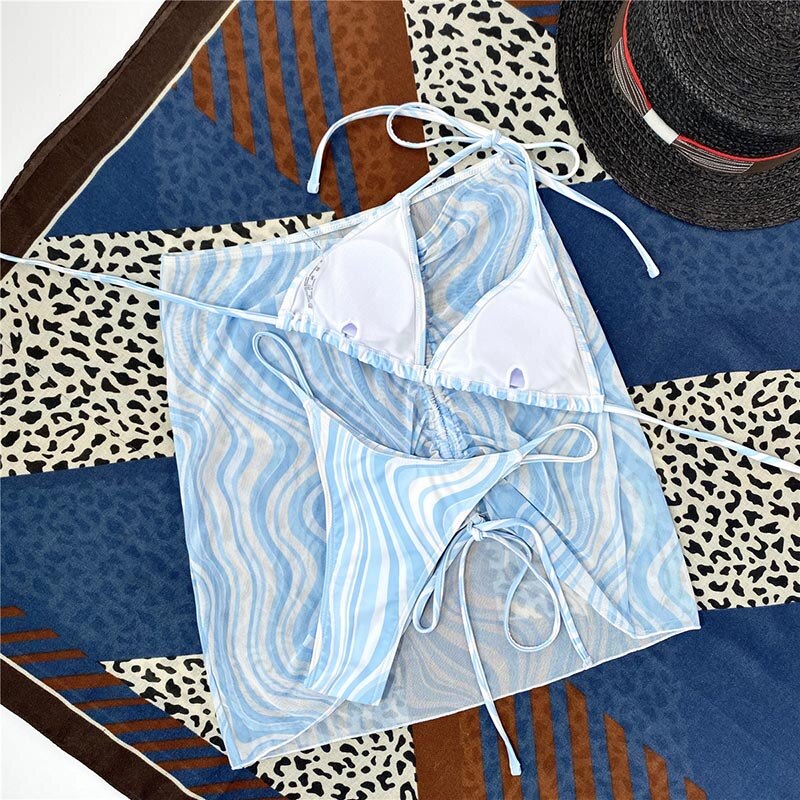 Halter Three Pieces Women's Swimwear Cover Up Print Biquini
