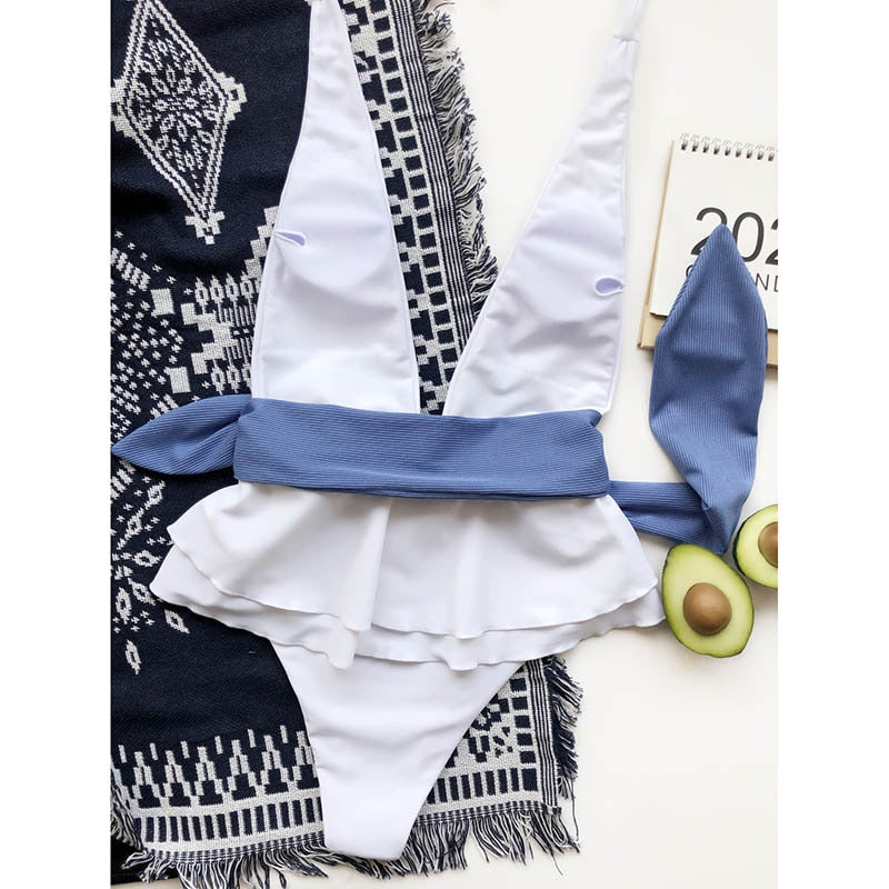 Ruffle Swimsuits One Piece Deep V Swimwear