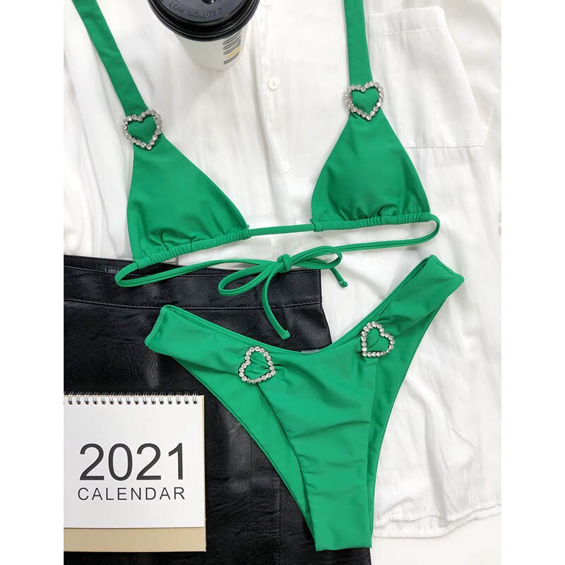 Women High Cut Solid Green Bikini