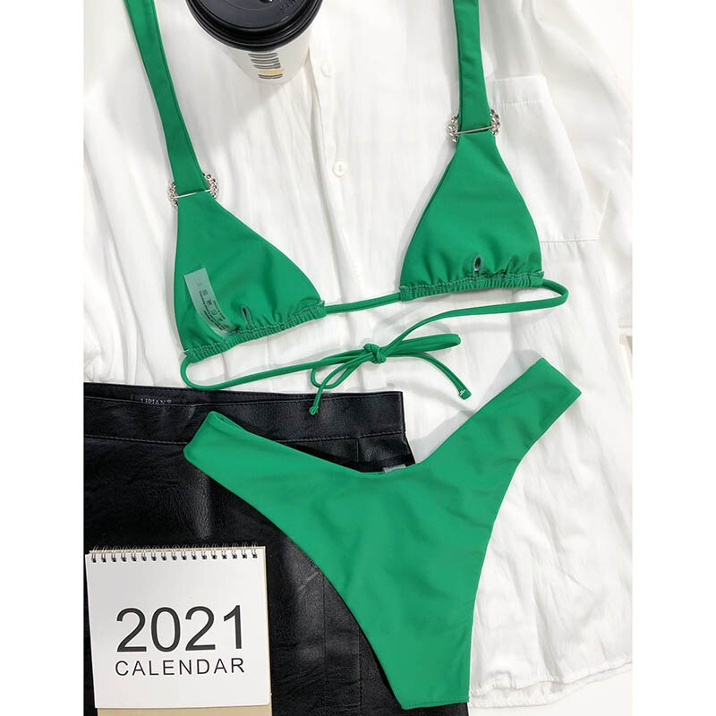 Women High Cut Solid Green Bikini