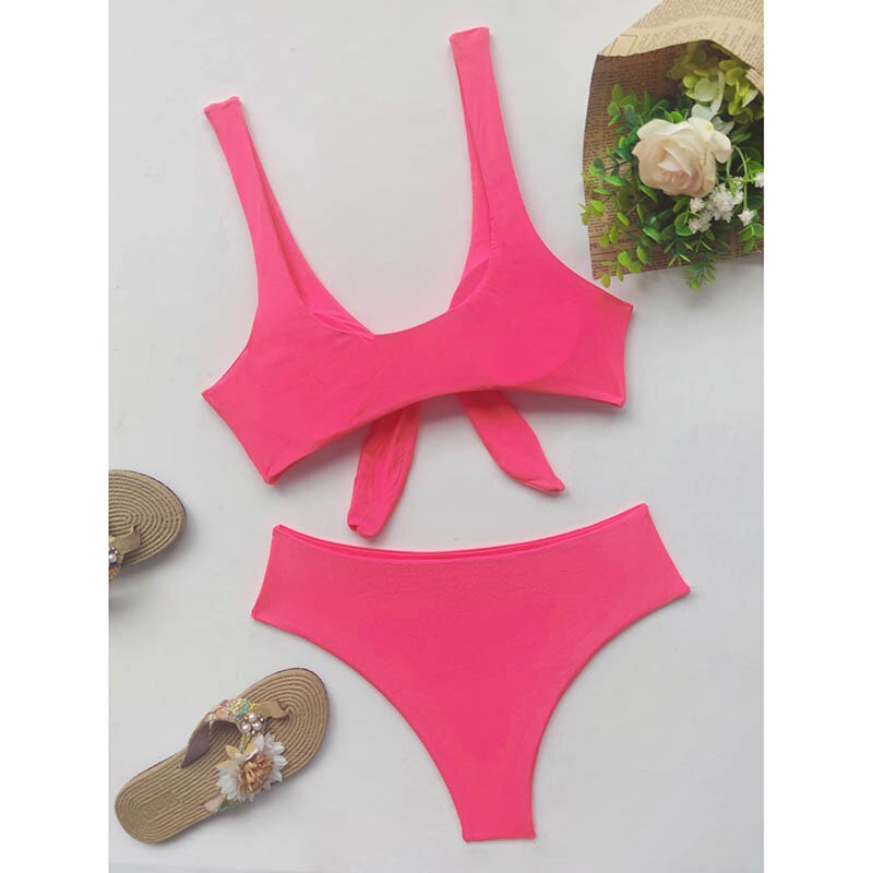 Solid Bikini Set Women High Waist Knotted Swimsuit
