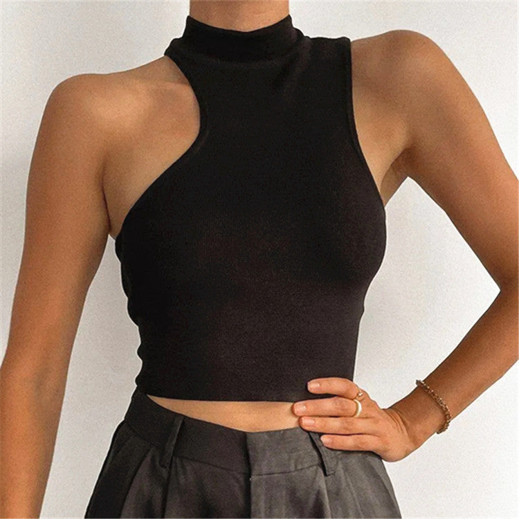 Ribbed Knitted Turtleneck Top Hollow Out Casual Off Shoulder Tops Summer Tank Top Women Solid Cropped Top