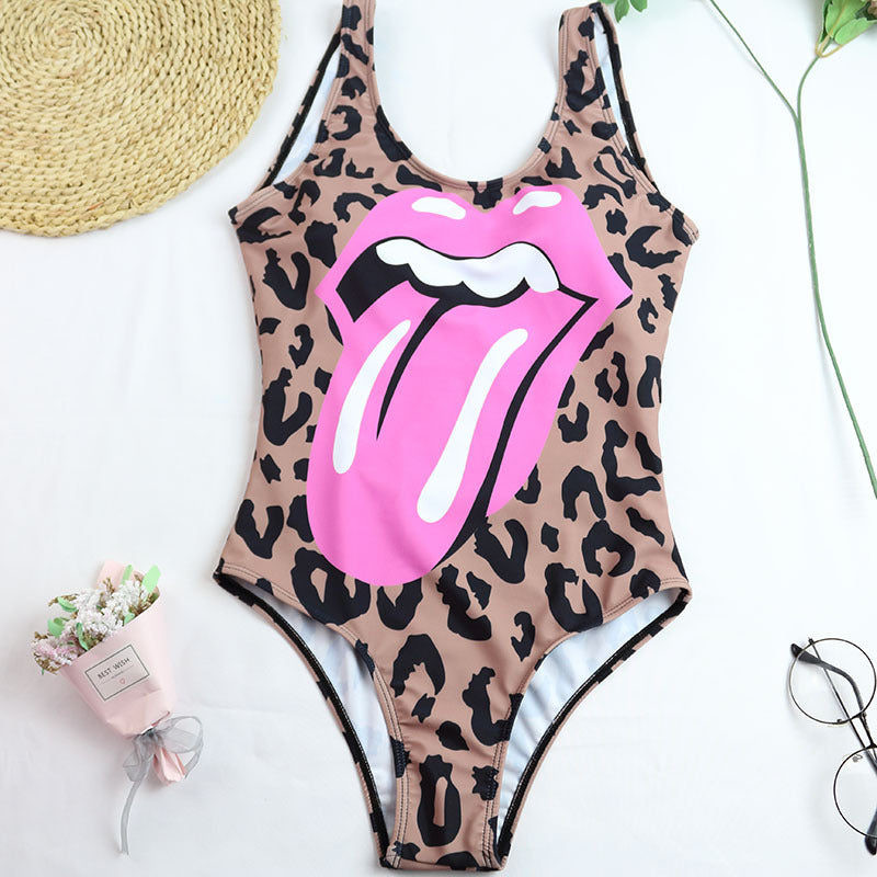 Leopard Lip Printed Sexy One Piece Swimsuit