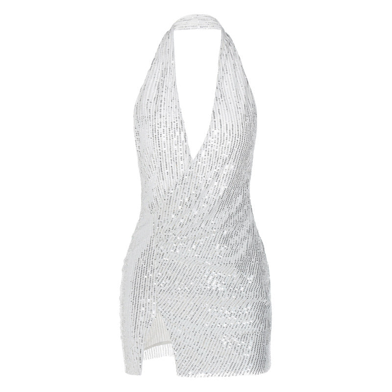 Sparkling Halter Backless Slit Bodycon Dress