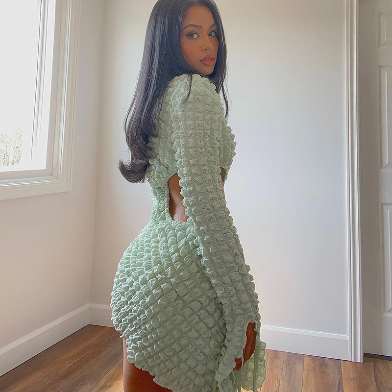 Cut out Waist Long Sleeve Short Dress