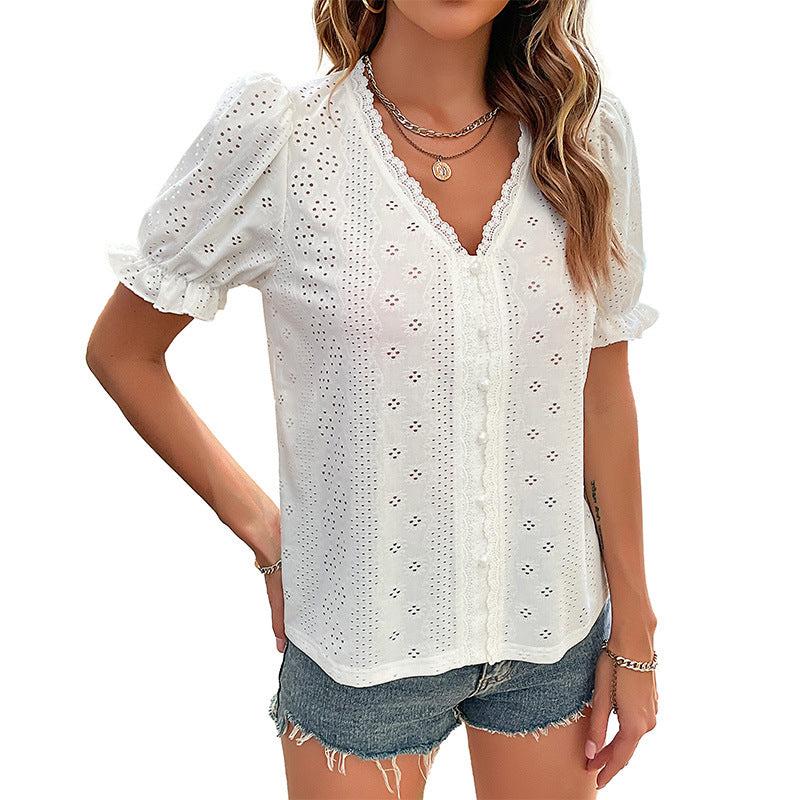 White Lace V-neck Blouse with Hollowed-out Design for Office