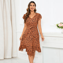 Leopard Print V-neck Mini Dress with Ruffled Sleeves