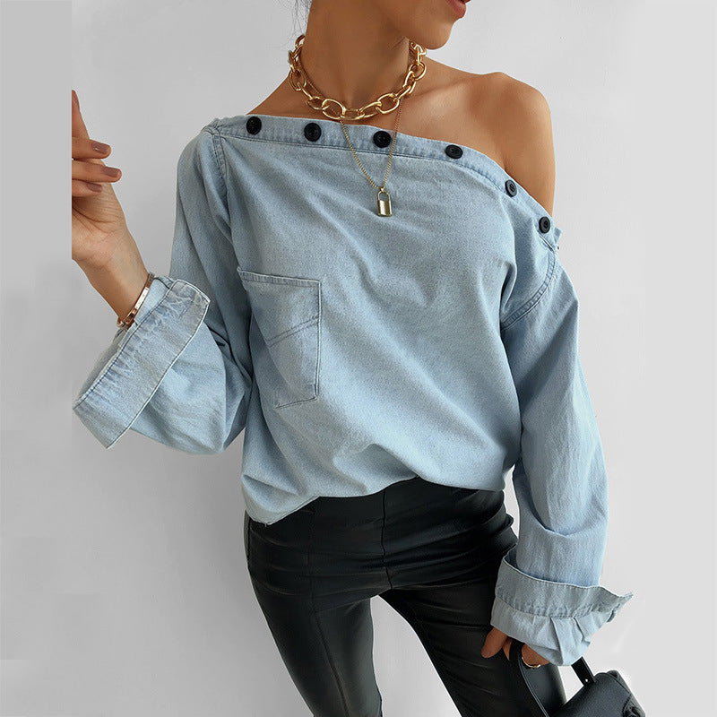 Off Shoulder Women Single-button Denim Blouse