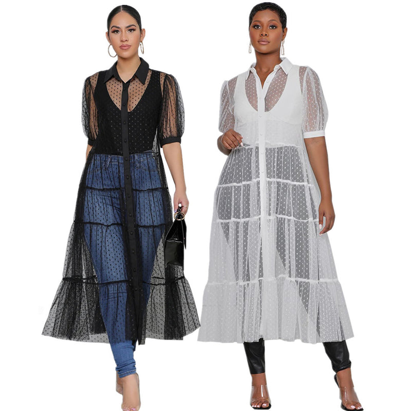 Shirt Style Button Gauze Dress Ladies Long Street Solid Color Dress Casual Home Commuting Dress