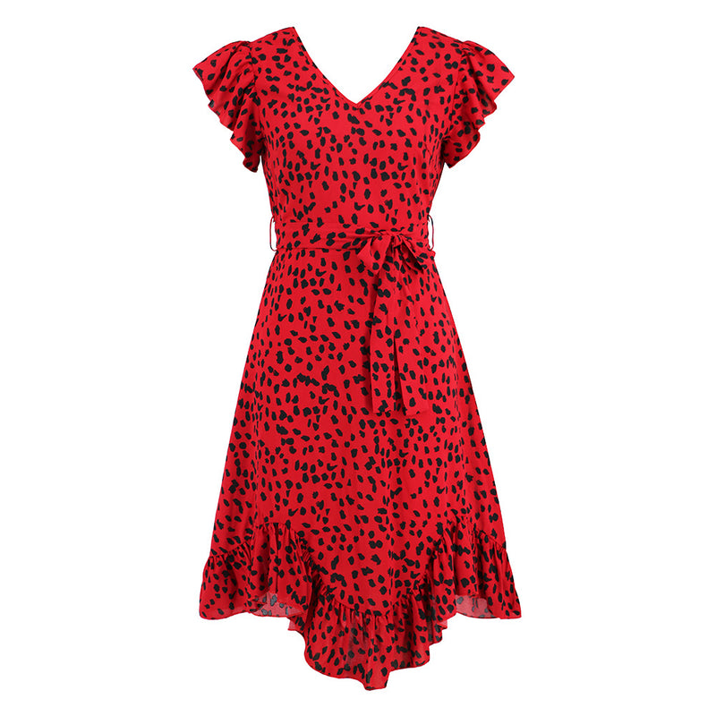 Leopard Print V-neck Mini Dress with Ruffled Sleeves