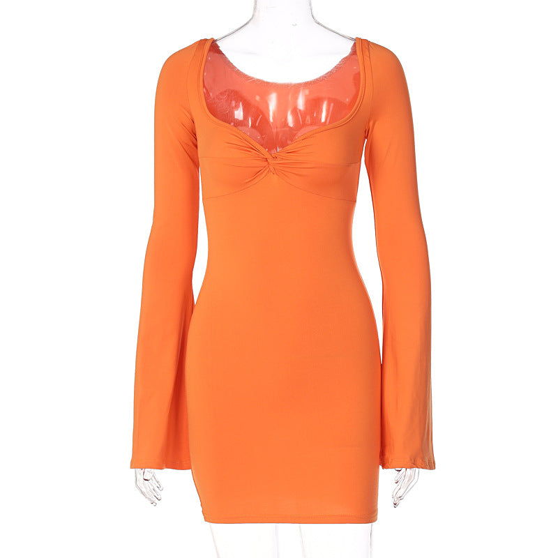 Square Collar Trumpet Sleeve Slim Sexy Dress