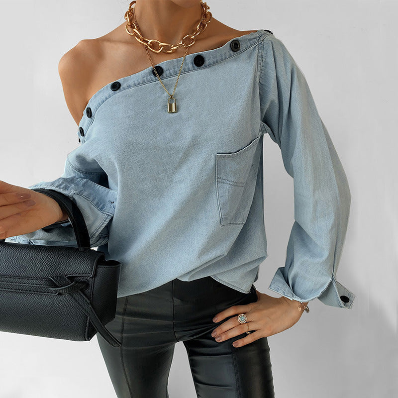 Off Shoulder Women Single-button Denim Blouse