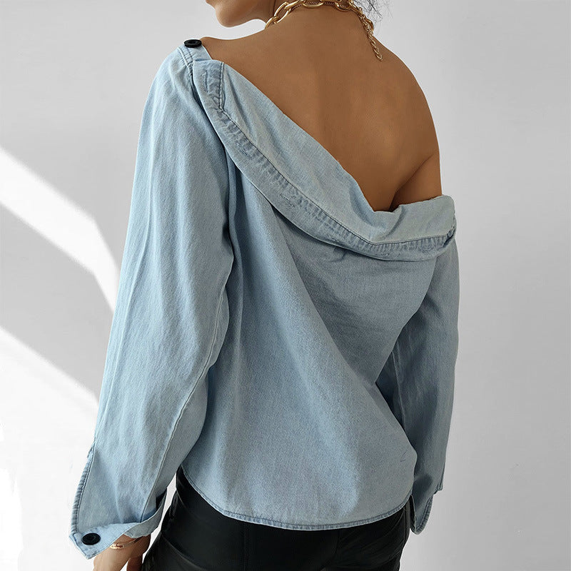 Off Shoulder Women Single-button Denim Blouse