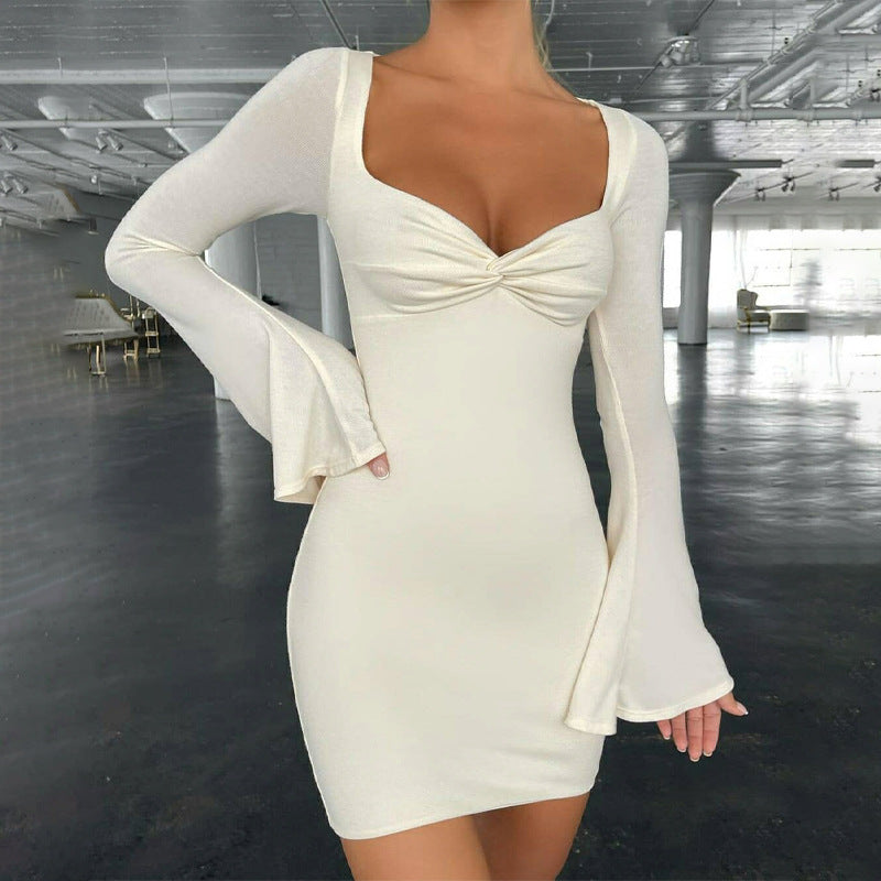 Square Collar Trumpet Sleeve Slim Sexy Dress