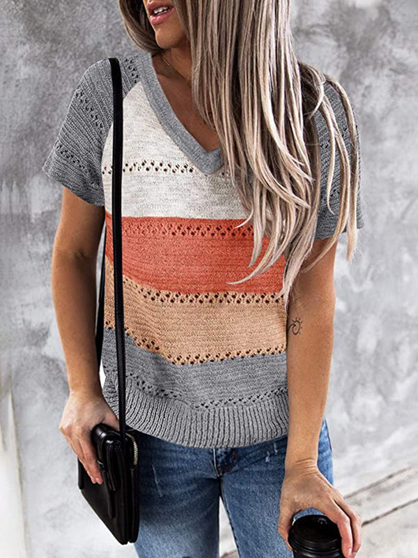Patchwork Hooded Sweater Long Sleeve V-neck Knitted Sweater Casual Striped Pullover Jumpers