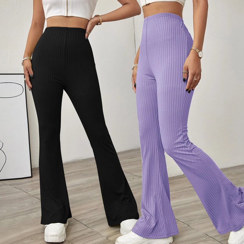 High-Waist Flared Knit Casual Pants for Women Without Belt