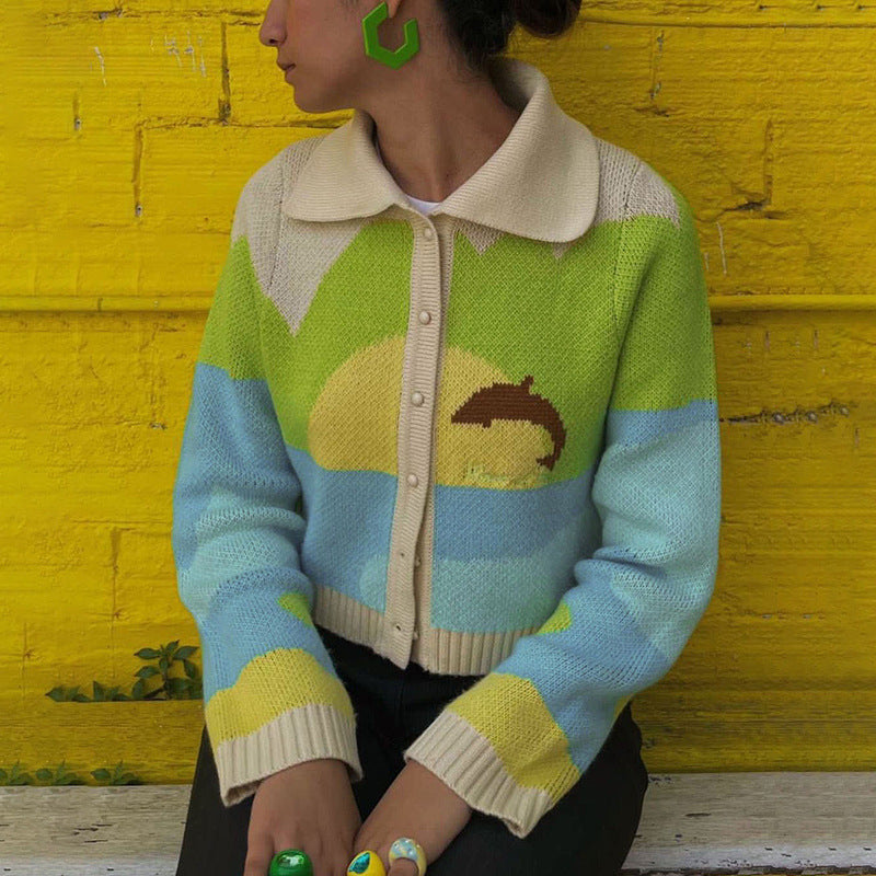 Hit Color Knitted Long Sleeve Cardigan Short Coat