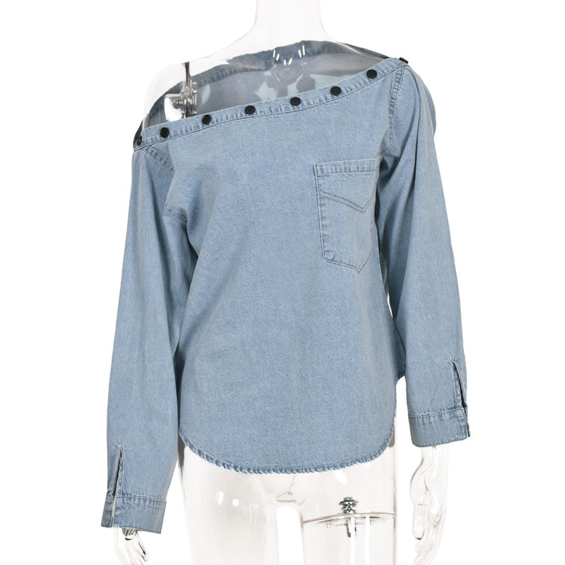 Off Shoulder Women Single-button Denim Blouse