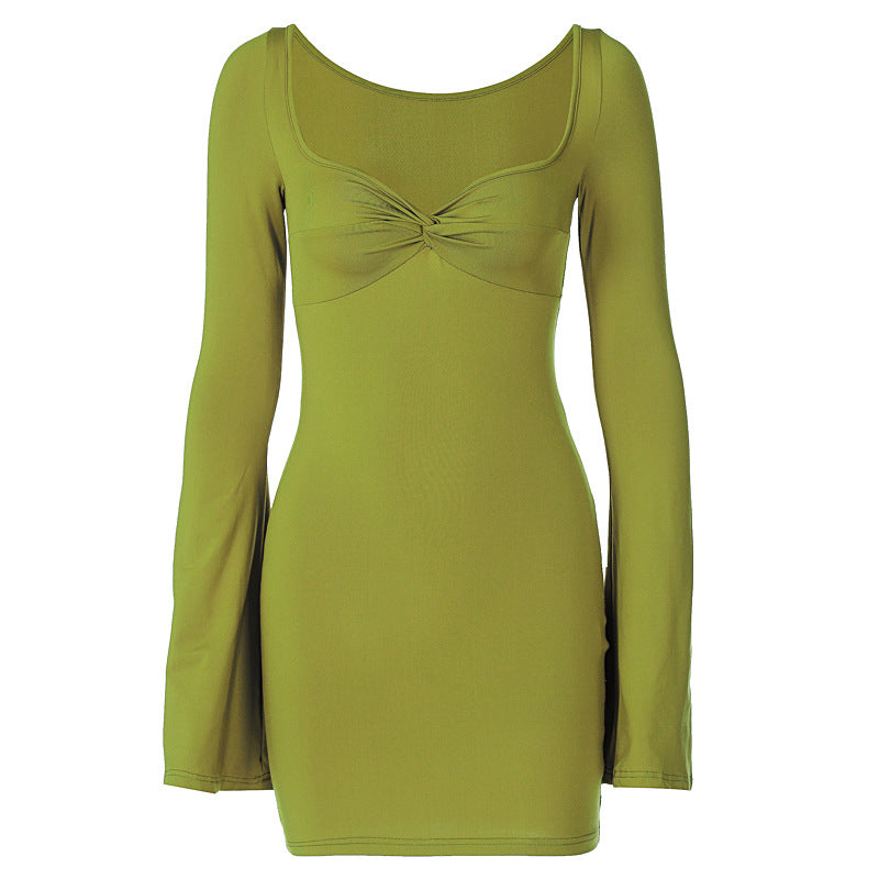Square Collar Trumpet Sleeve Slim Sexy Dress