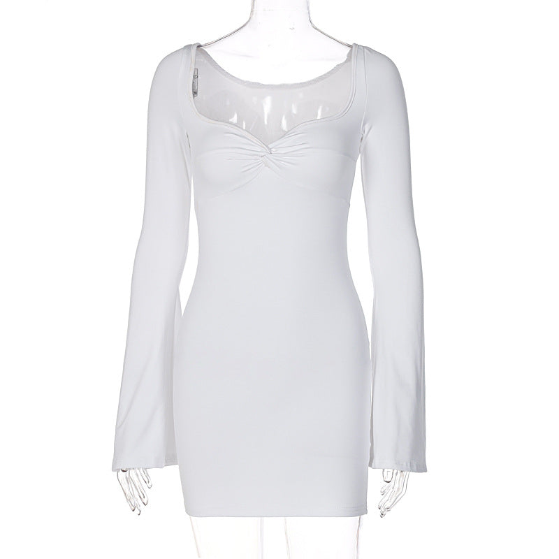 Square Collar Trumpet Sleeve Slim Sexy Dress