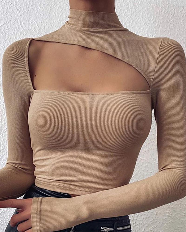 Sexy Hollow Out Mock Neck Shirt Women