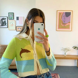 Hit Color Knitted Long Sleeve Cardigan Short Coat