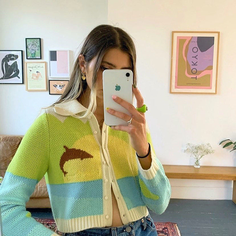 Hit Color Knitted Long Sleeve Cardigan Short Coat