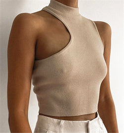 Ribbed Knitted Turtleneck Top Hollow Out Casual Off Shoulder Tops Summer Tank Top Women Solid Cropped Top