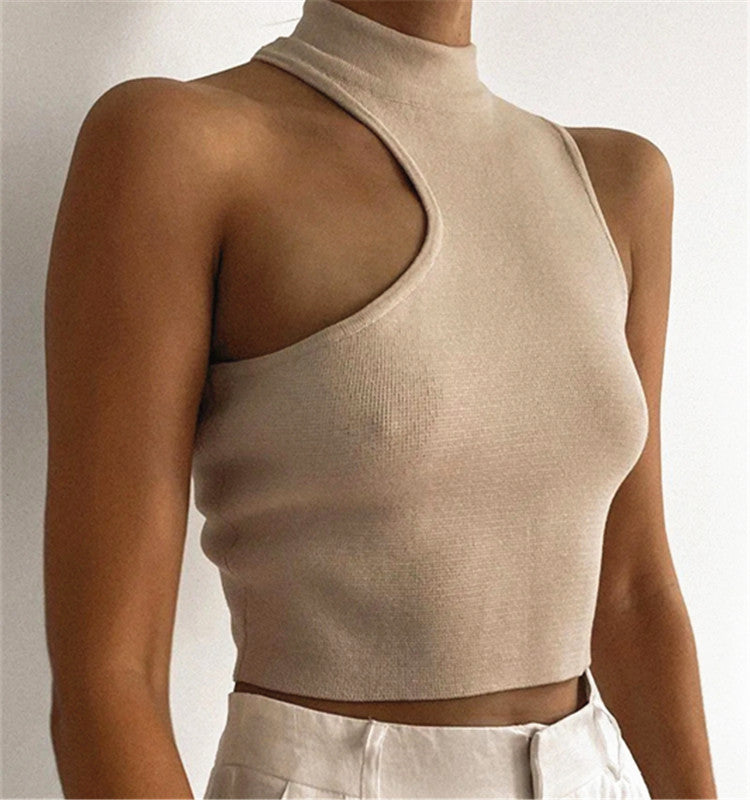 Ribbed Knitted Turtleneck Top Hollow Out Casual Off Shoulder Tops Summer Tank Top Women Solid Cropped Top
