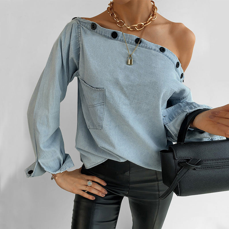 Off Shoulder Women Single-button Denim Blouse