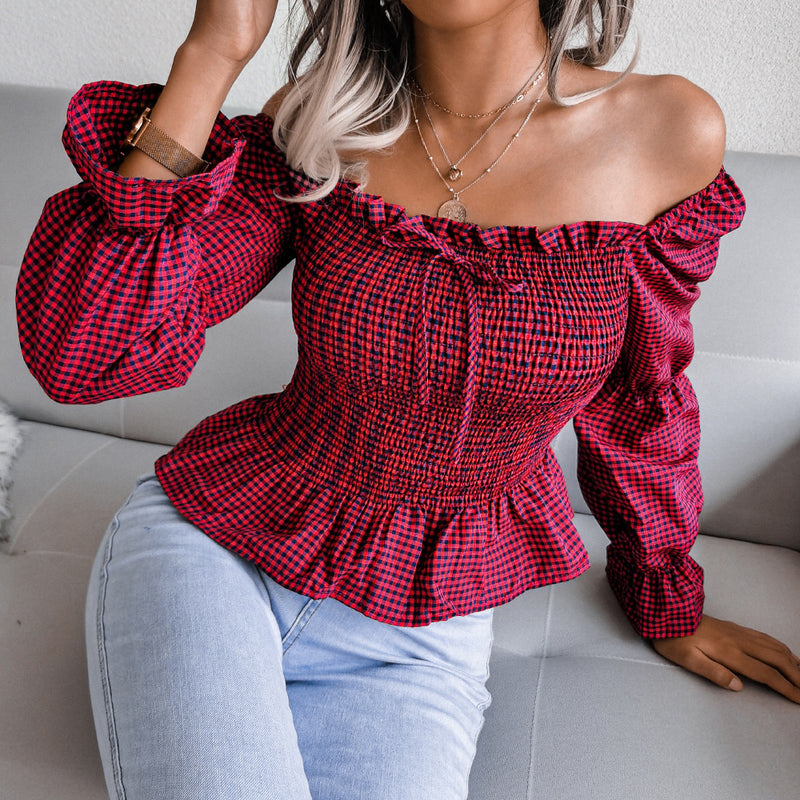 Plaid Off Shoulder Women Blouse