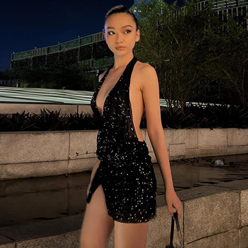 Sparkling Halter Backless Slit Bodycon Dress