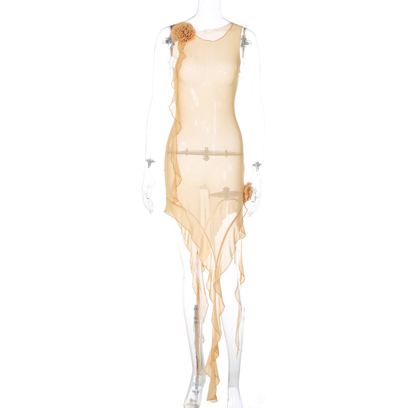 Sexy Sheer Backless Lace-up Mesh Patchwork Dress