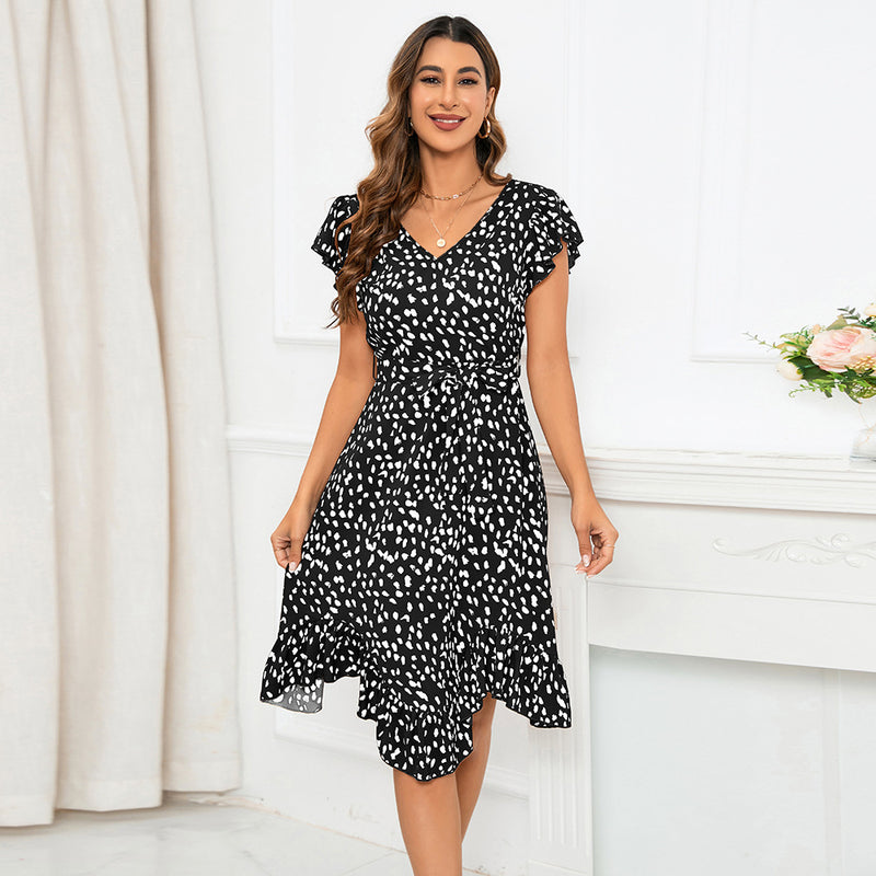 Leopard Print V-neck Mini Dress with Ruffled Sleeves