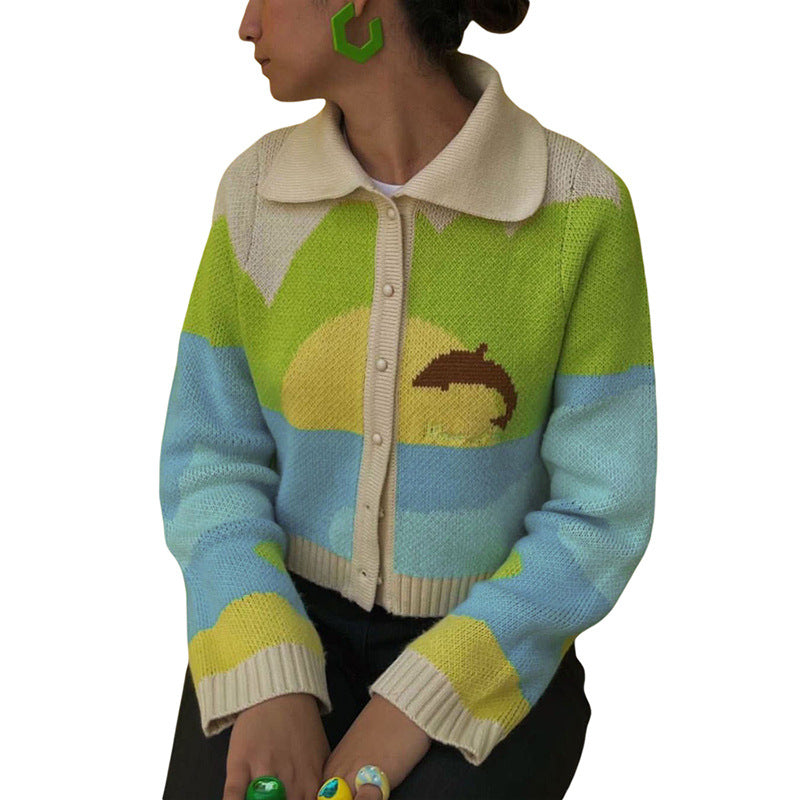 Hit Color Knitted Long Sleeve Cardigan Short Coat