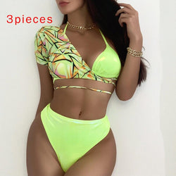 Halter Bikini High Waist 3 Piece Suit Neon Short Sleeves Swimwear